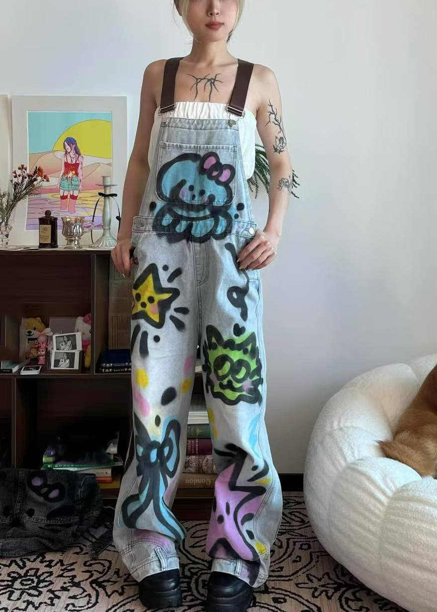 Dye Tie Cats Summer Blue Loose Patchwork Little Jumpsuit Denim Pockets
