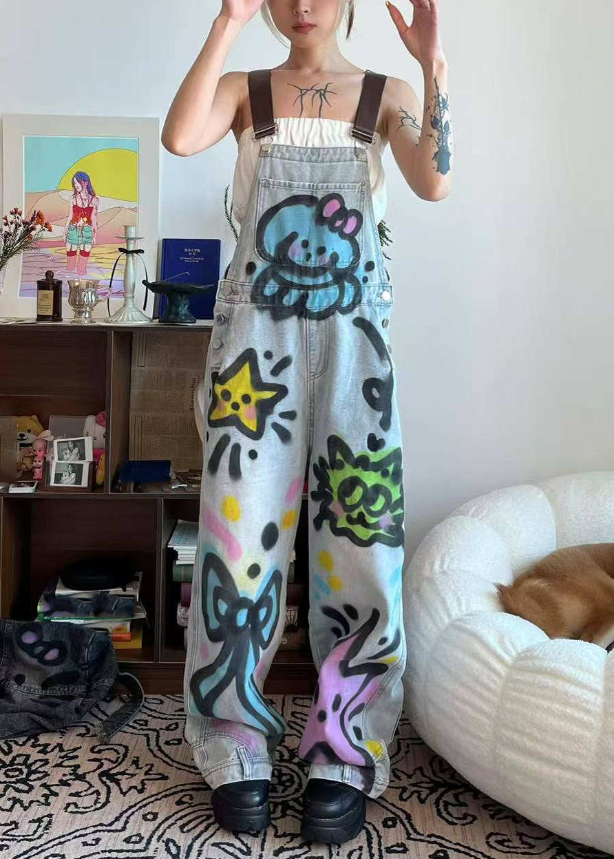 Dye Tie Cats Summer Blue Loose Patchwork Little Jumpsuit Denim Pockets