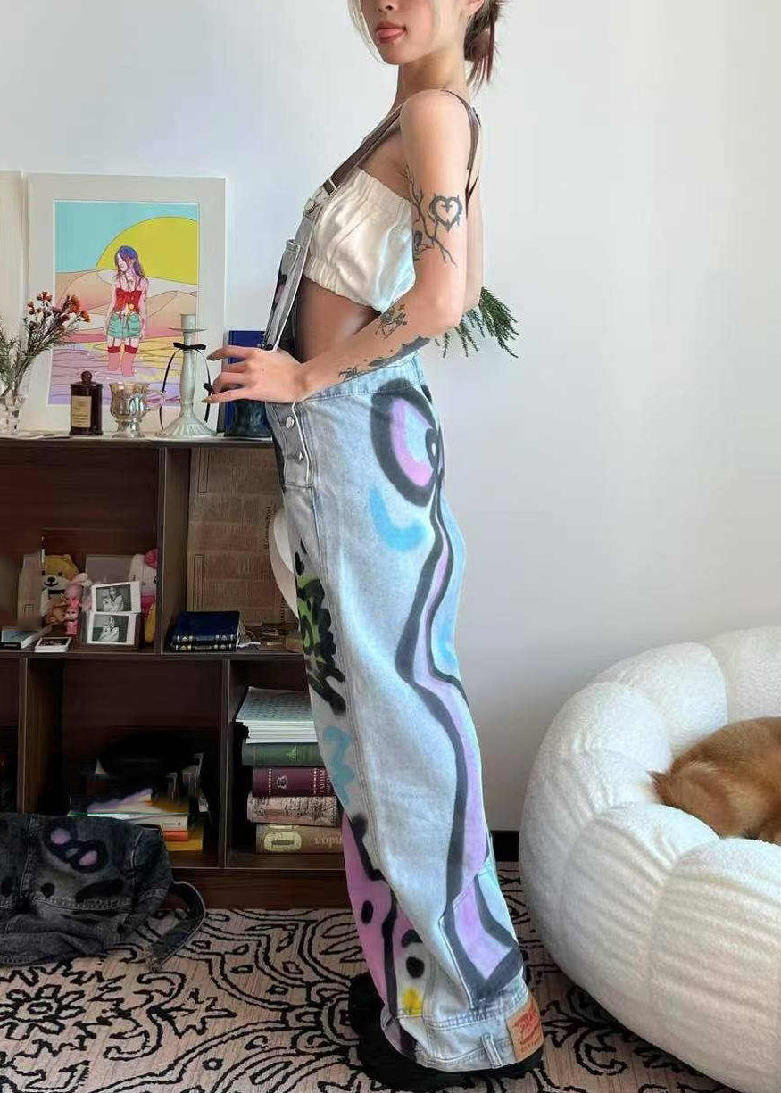 Dye Tie Cats Summer Blue Loose Patchwork Little Jumpsuit Denim Pockets