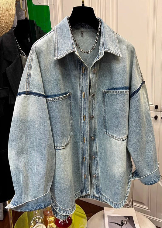 Peter Collar Blue Pan Button Mens Loose Pockets Denim Coats