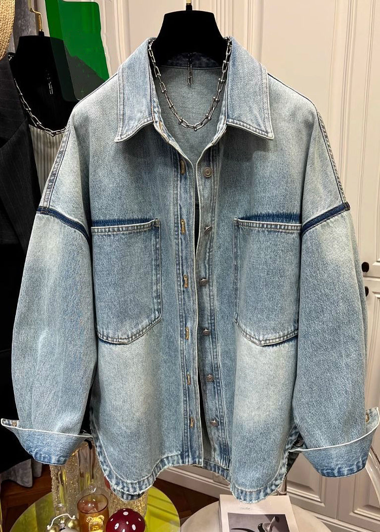 Peter Collar Blue Pan Button Mens Loose Pockets Denim Coats