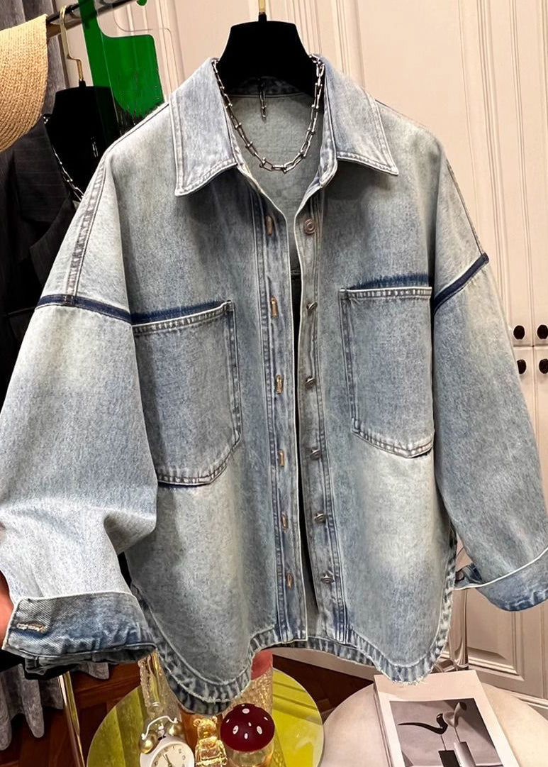 Peter Collar Blue Pan Button Mens Loose Pockets Denim Coats