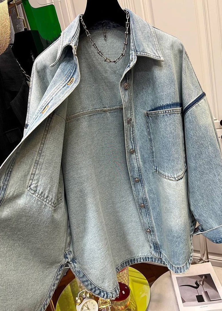 Peter Collar Blue Pan Button Mens Loose Pockets Denim Coats