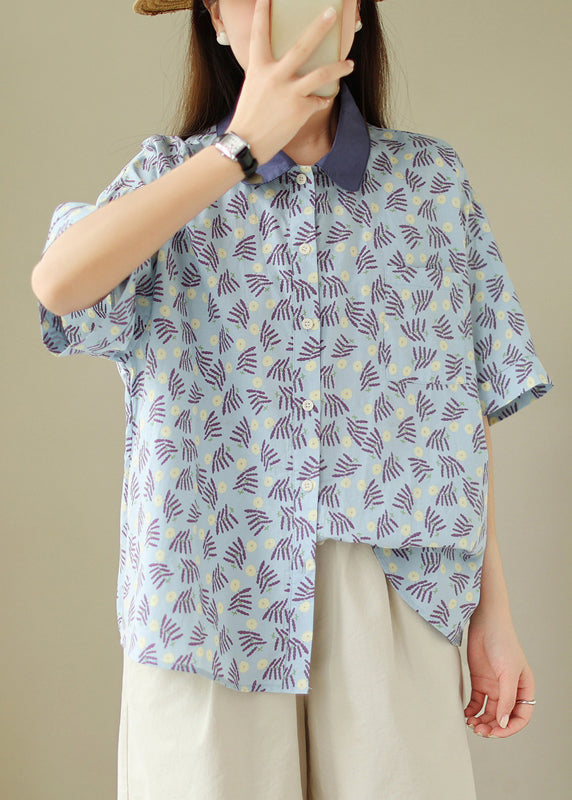 Loose Blue Peter Pan Collar Button Print Cotton Blouses Summer GH1025