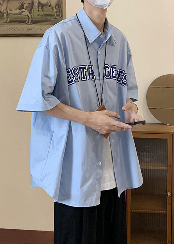 Loose Summer Cotton Blue Pan Shirts Mens Peter Collar Letter