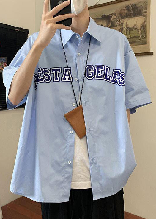 Loose Summer Cotton Blue Pan Shirts Mens Peter Collar Letter