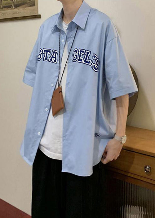 Loose Summer Cotton Blue Pan Shirts Mens Peter Collar Letter