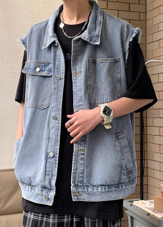 Pockets Loose Blue Pan Men Peter Denim Collar Waistcoat