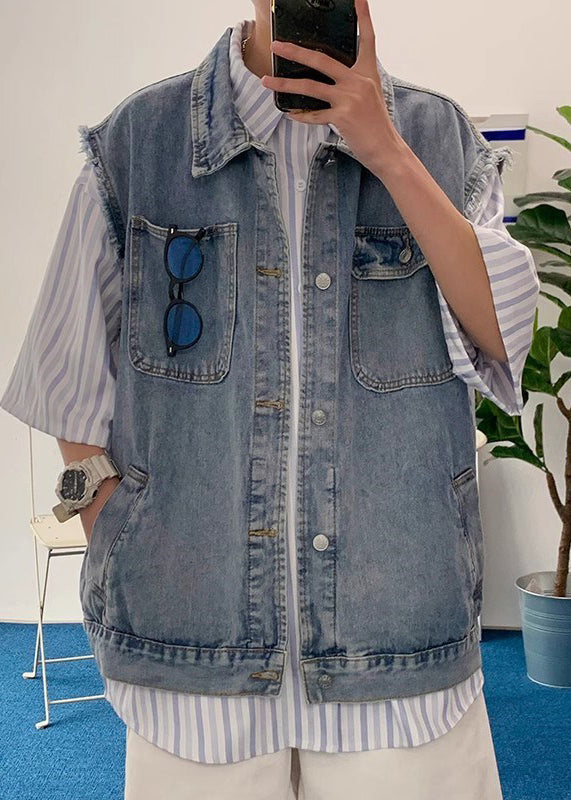 Pockets Loose Blue Pan Men Peter Denim Collar Waistcoat