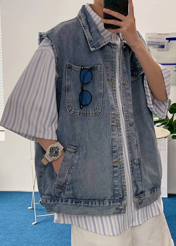 Pockets Loose Blue Pan Men Peter Denim Collar Waistcoat