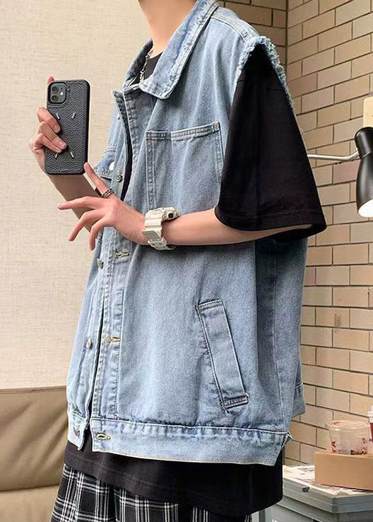 Pockets Loose Blue Pan Men Peter Denim Collar Waistcoat