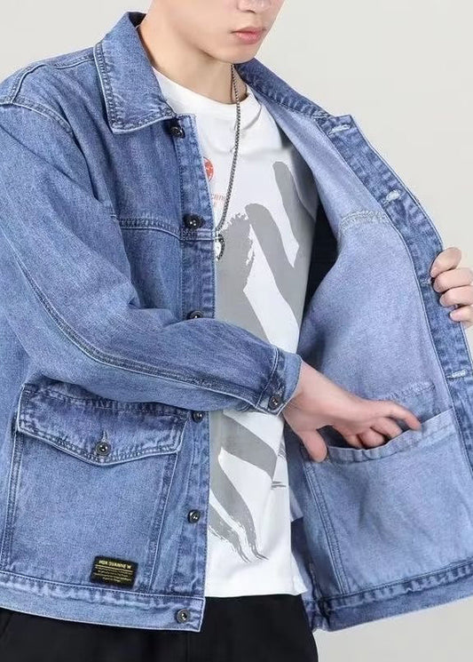 Peter Blue Loose Denim Collar Pan Pockets Coats Mens Spring