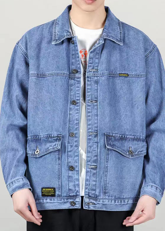 Peter Blue Loose Denim Collar Pan Pockets Coats Mens Spring