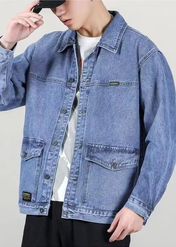 Peter Blue Loose Denim Collar Pan Pockets Coats Mens Spring