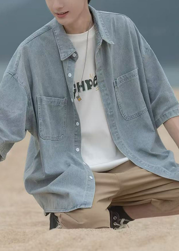 Mens Denim Peter Blue Loose Collar Shirts Pockets Pan Spring