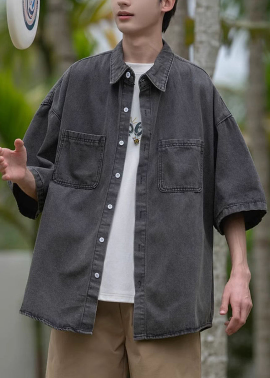 Mens Denim Peter Blue Loose Collar Shirts Pockets Pan Spring