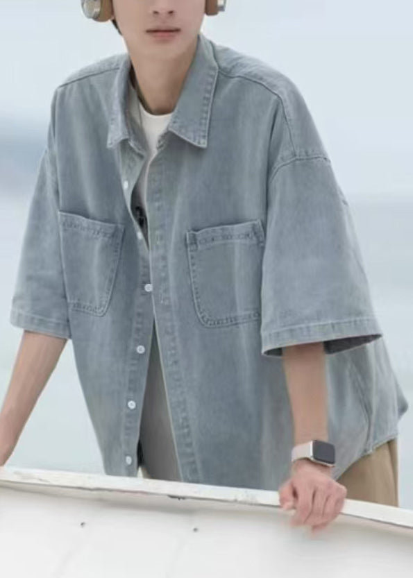 Mens Denim Peter Blue Loose Collar Shirts Pockets Pan Spring
