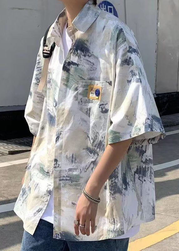 Peter Loose Collar Summer Shirts Men Silk Ice Dye Blue Pan Tie