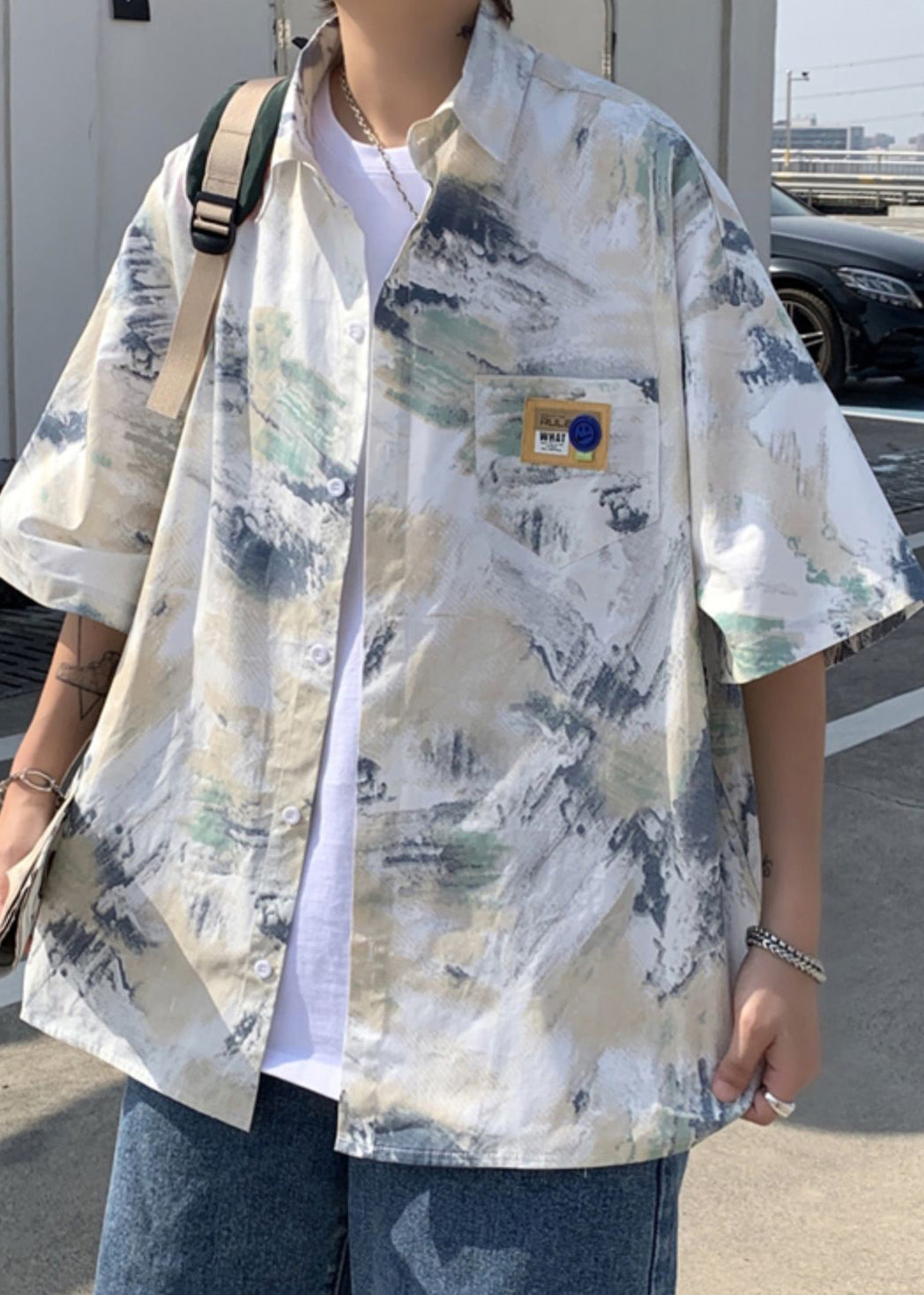 Peter Loose Collar Summer Shirts Men Silk Ice Dye Blue Pan Tie