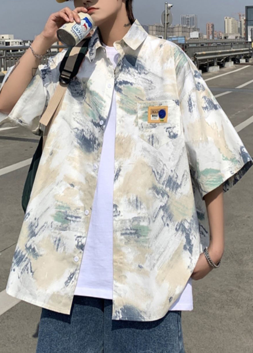 Peter Loose Collar Summer Shirts Men Silk Ice Dye Blue Pan Tie