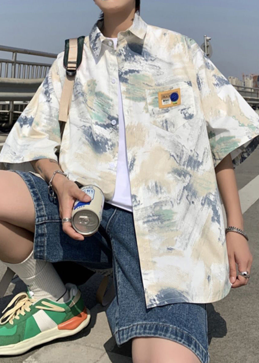 Peter Loose Collar Summer Shirts Men Silk Ice Dye Blue Pan Tie