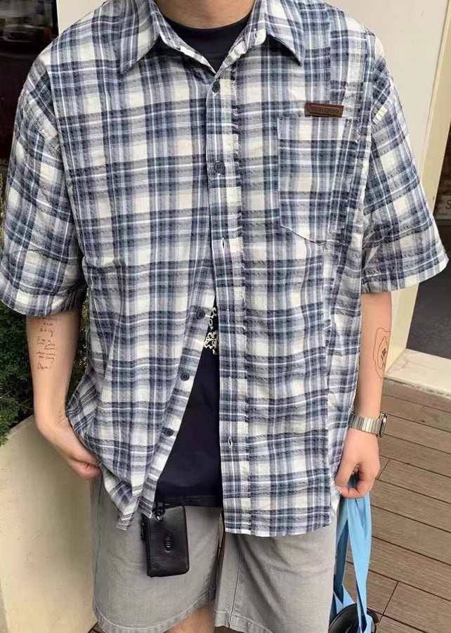 Shirts Loose Summer Plaid Cotton Button Blue Men's