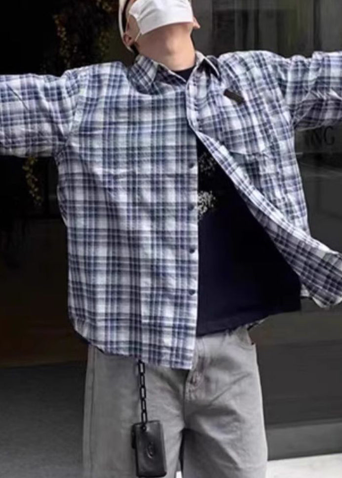 Shirts Loose Summer Plaid Cotton Button Blue Men's