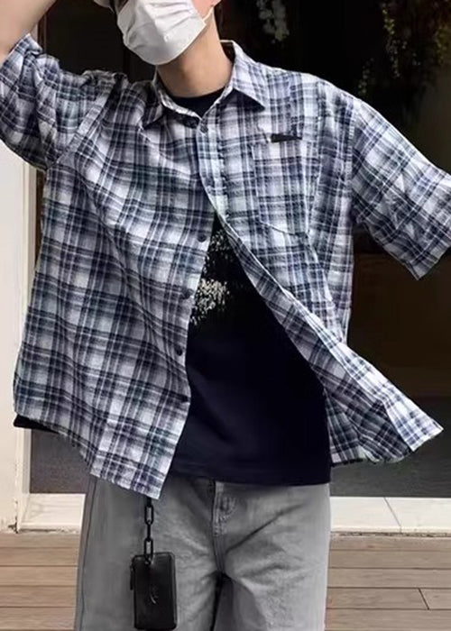 Shirts Loose Summer Plaid Cotton Button Blue Men's