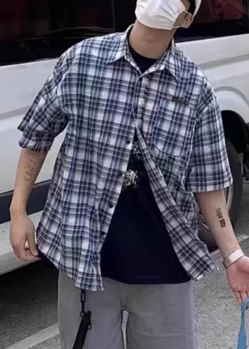 Shirts Loose Summer Plaid Cotton Button Blue Men's