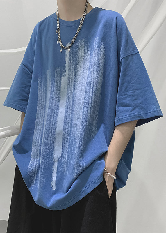 Half Sleeve Print T Loose Men Cotton Shirt Blue Cozy
