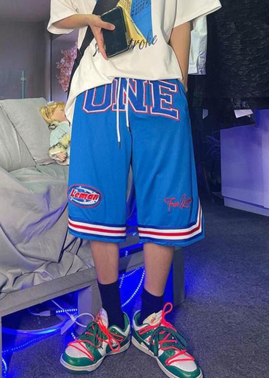 Shorts Basketball Print Blue Elastic Summer Waist Men Loose