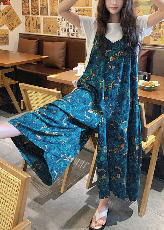 Cotton Blue Summer Pants Print Waist Loose Jumpsuits High