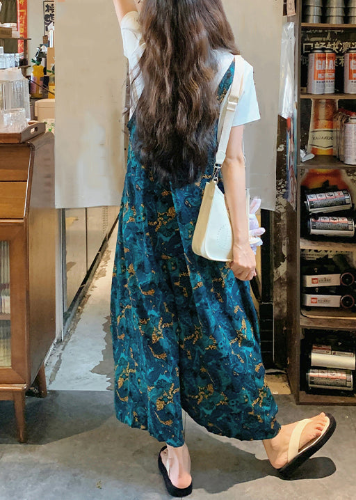 Cotton Blue Summer Pants Print Waist Loose Jumpsuits High