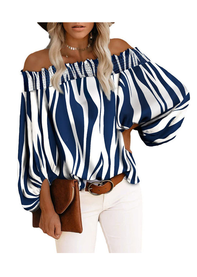 Tops Loose Shirt Sleeve Neck Lantern Cotton Slash Blue Striped