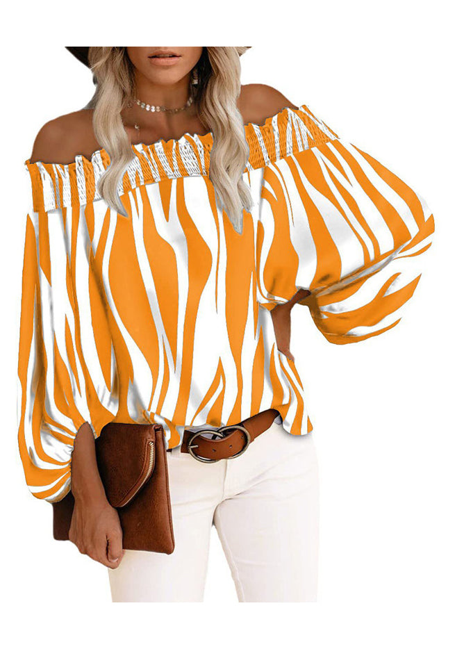 Tops Loose Shirt Sleeve Neck Lantern Cotton Slash Blue Striped