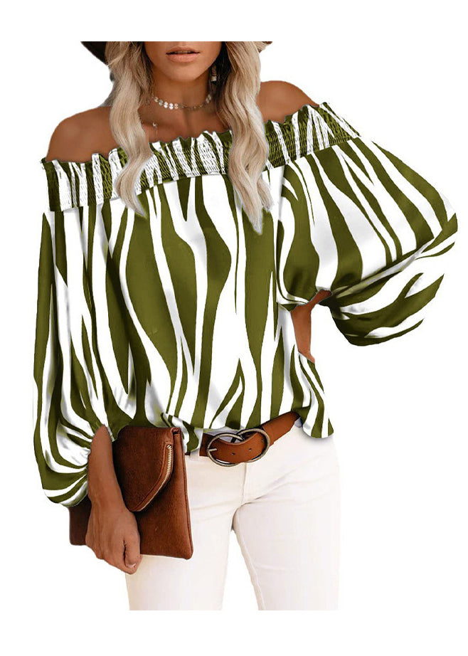 Tops Loose Shirt Sleeve Neck Lantern Cotton Slash Blue Striped