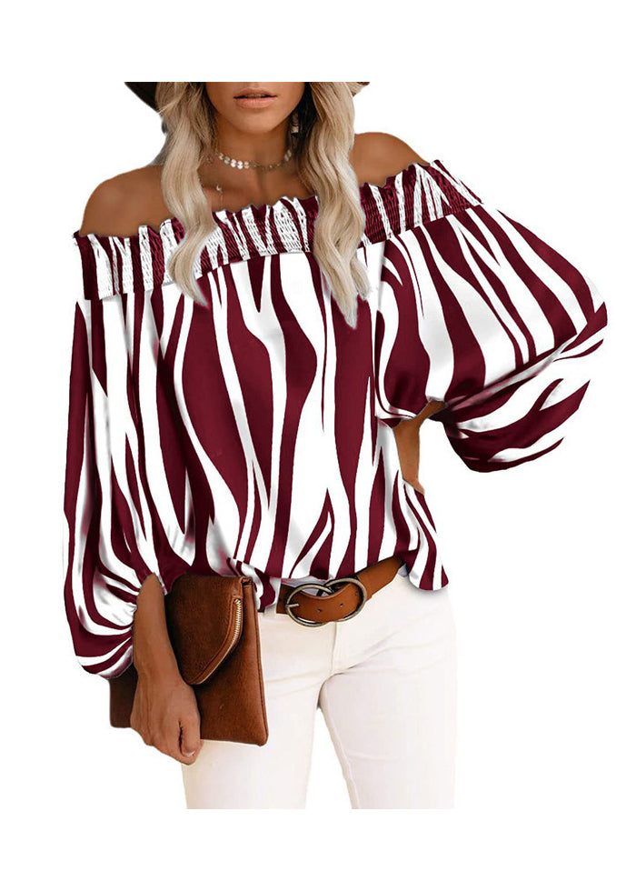 Tops Loose Shirt Sleeve Neck Lantern Cotton Slash Blue Striped