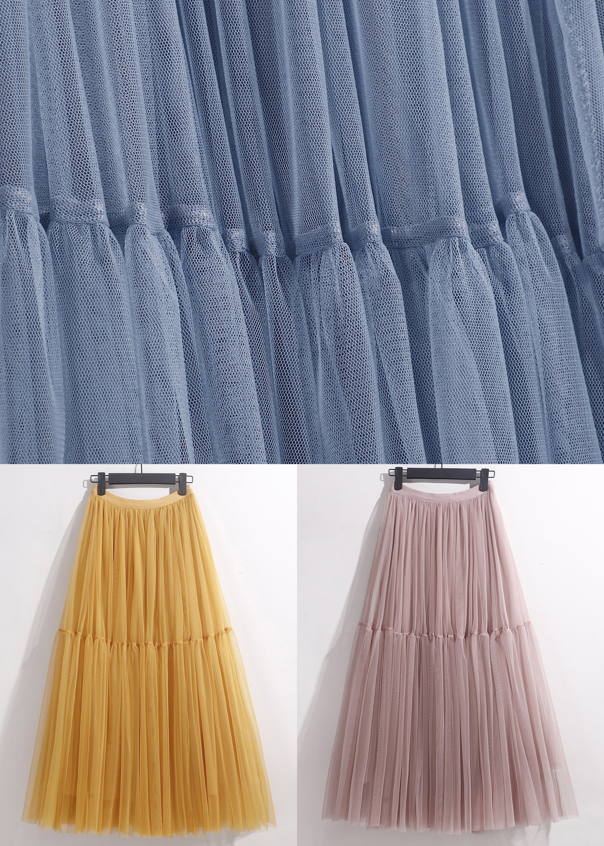 Loose Blue Solid High Waist Tulle Pleated Skirt Ada Fashion