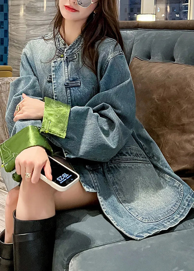 Loose Blue Stand Collar Button Pockets Denim Coats Long Sleeve Ada Fashion