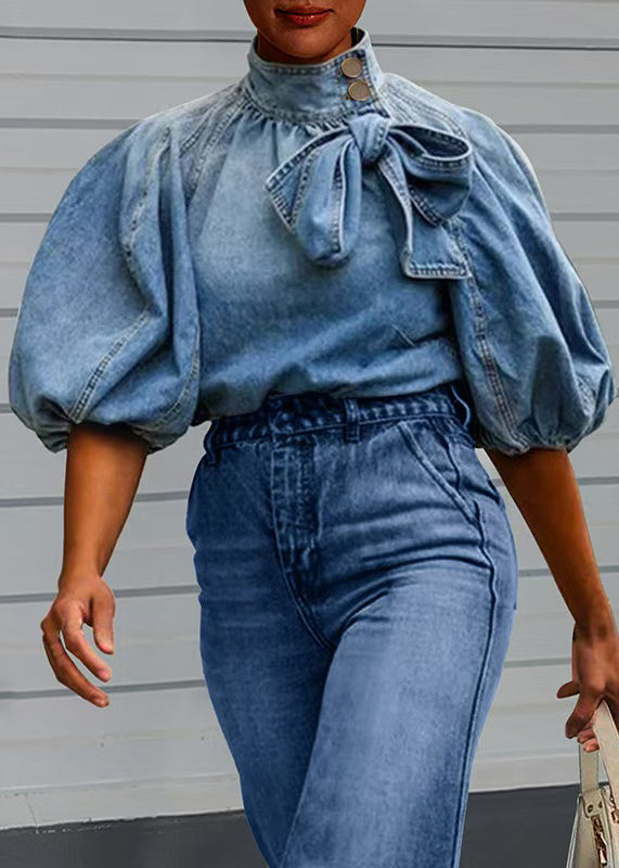 Lace Stand Denim Lantern Up Loose Sleeve Blue Collar Shirt