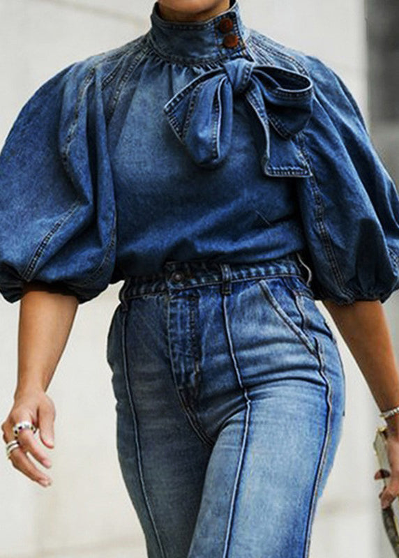Lace Stand Denim Lantern Up Loose Sleeve Blue Collar Shirt