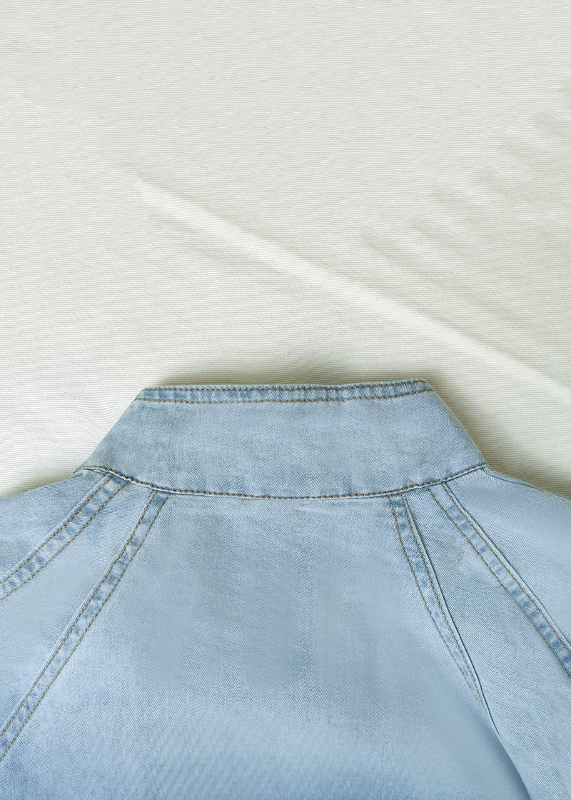 Lace Stand Denim Lantern Up Loose Sleeve Blue Collar Shirt