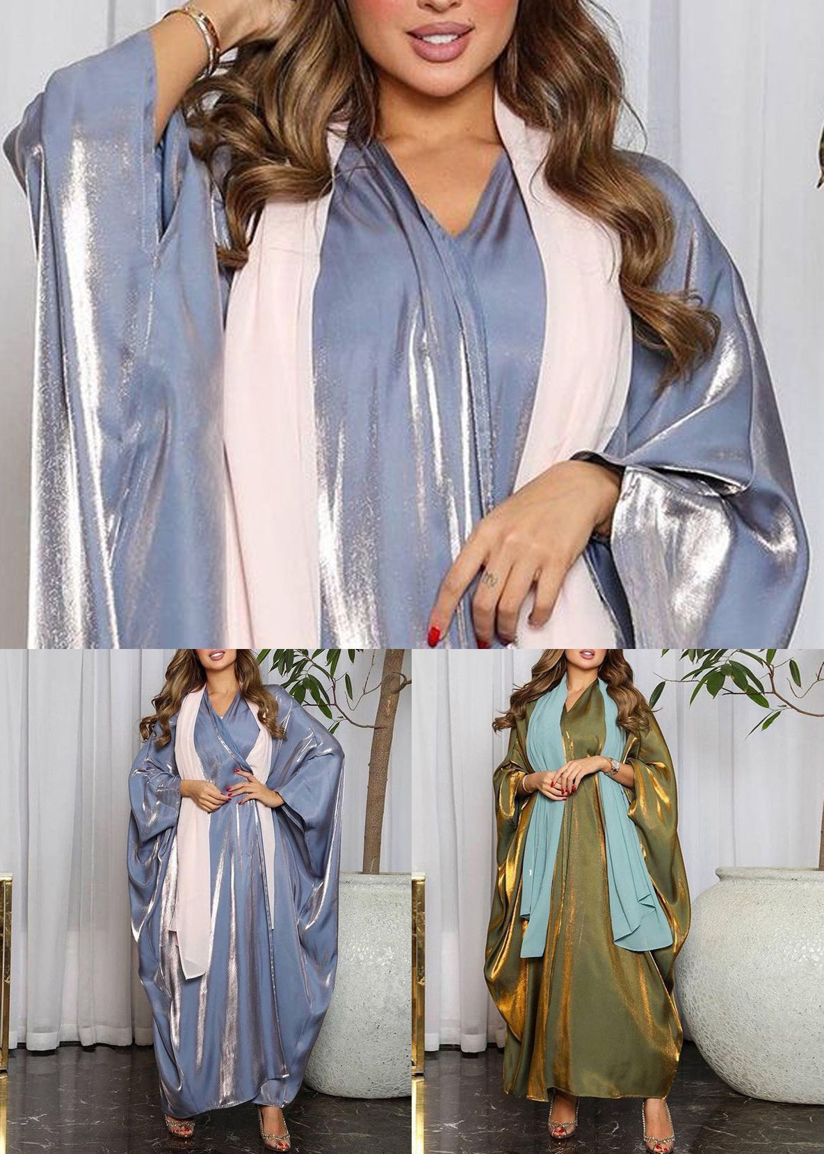 Robe cardigan ample en soie brillante à col en V bleu printemps AA1048