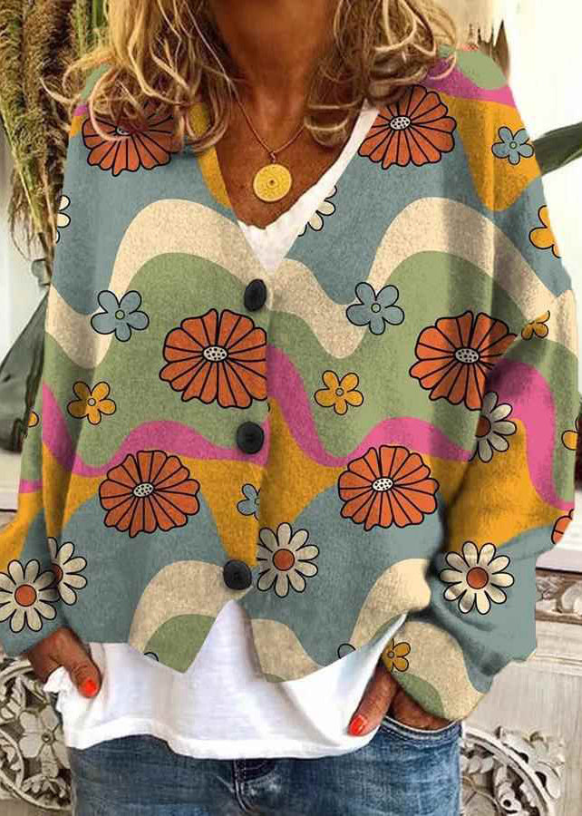 Button Blue Loose Spring Neck Print Cardigan V Knit