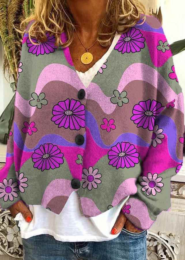 Button Blue Loose Spring Neck Print Cardigan V Knit