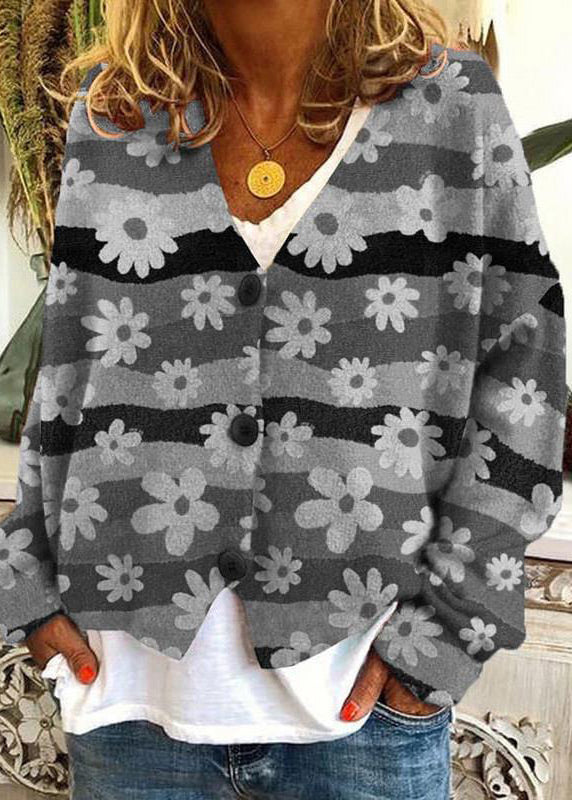 Button Blue Loose Spring Neck Print Cardigan V Knit