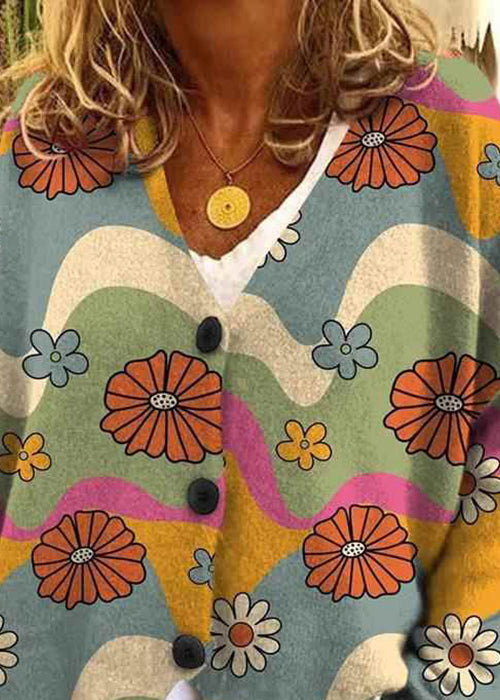 Button Blue Loose Spring Neck Print Cardigan V Knit