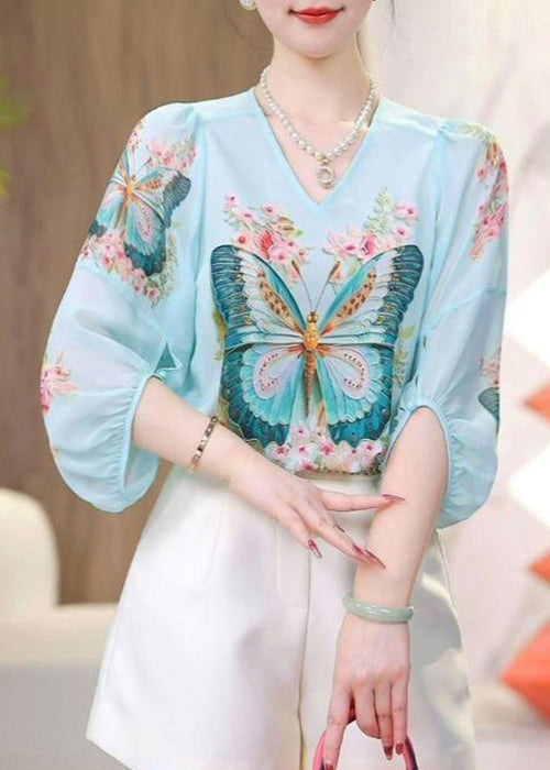 Print V Blue Shirt Sleeve Loose Bracelet Chiffon Neck