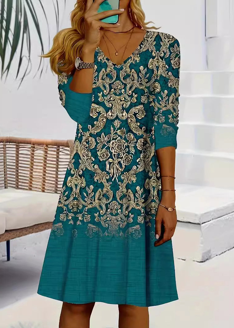 Loose Blue V Neck Print Cotton Mid Dress Long Sleeve AA1037