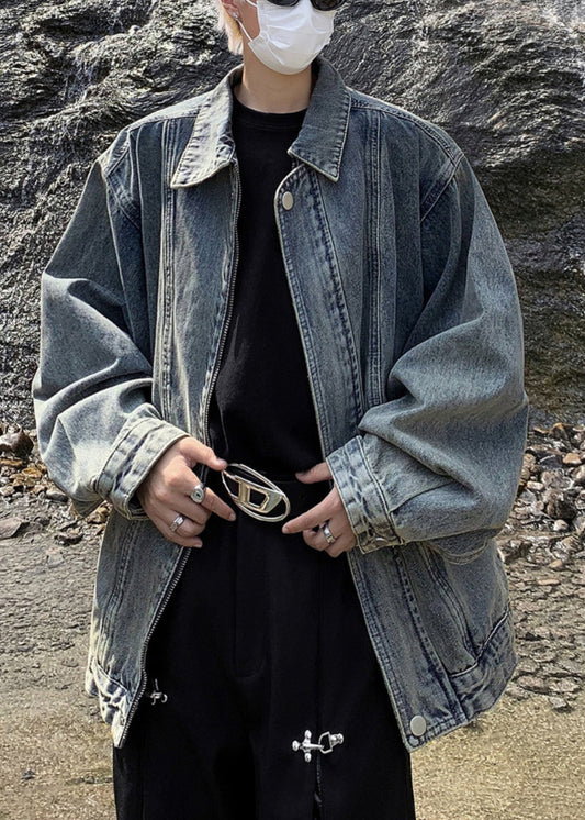 Loose Blue Zip Up Pockets Denim Mens Coats Spring TC039